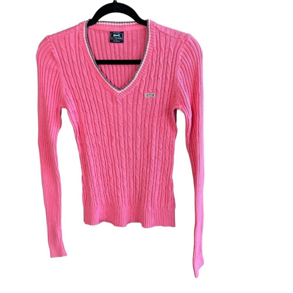 Le Tigre Sweater Pink Cableknit V Neck Cotton Vintage Y2K Preppy